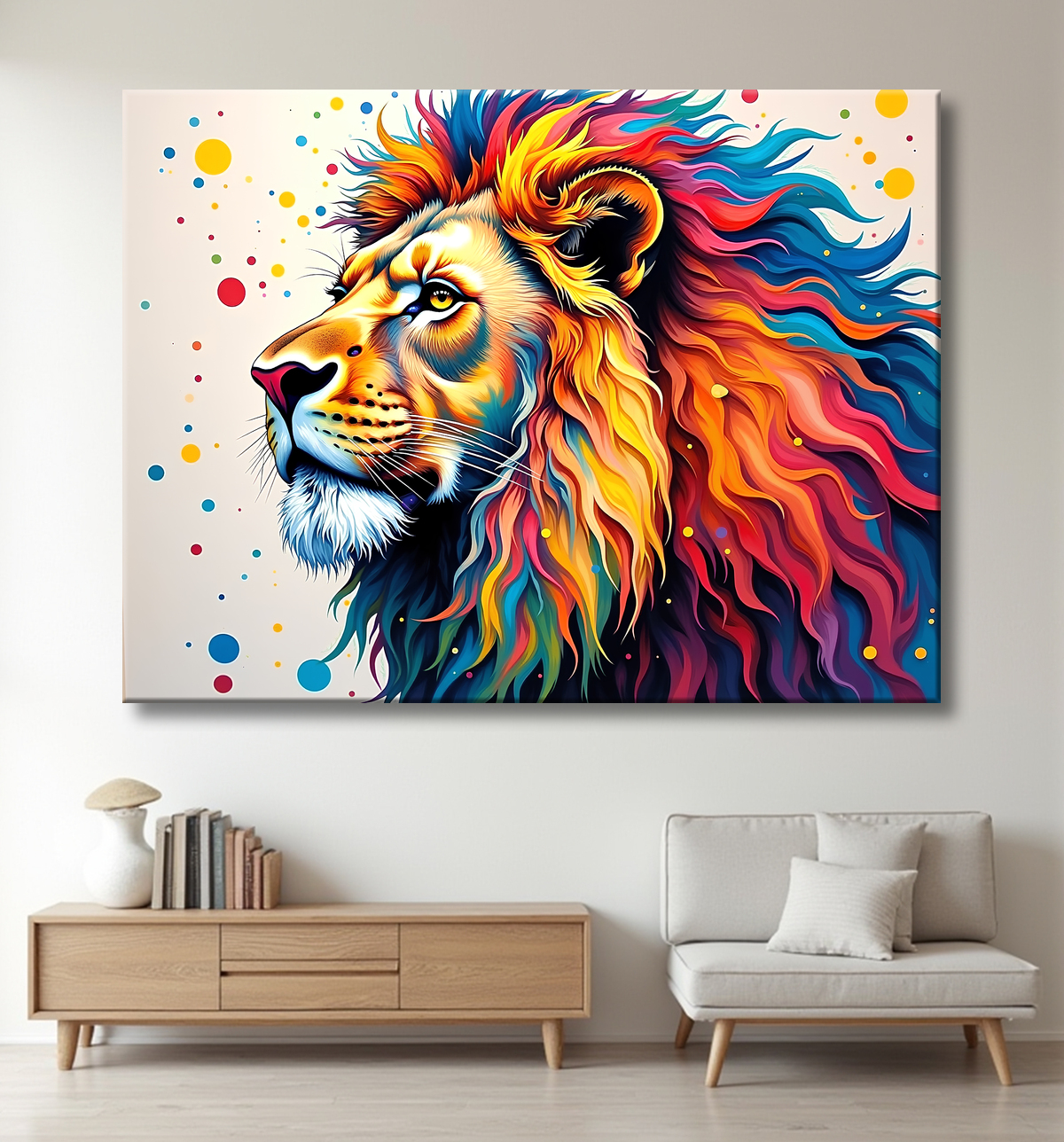 Tableau lion coloré - Portrait pop art graphique avec decor