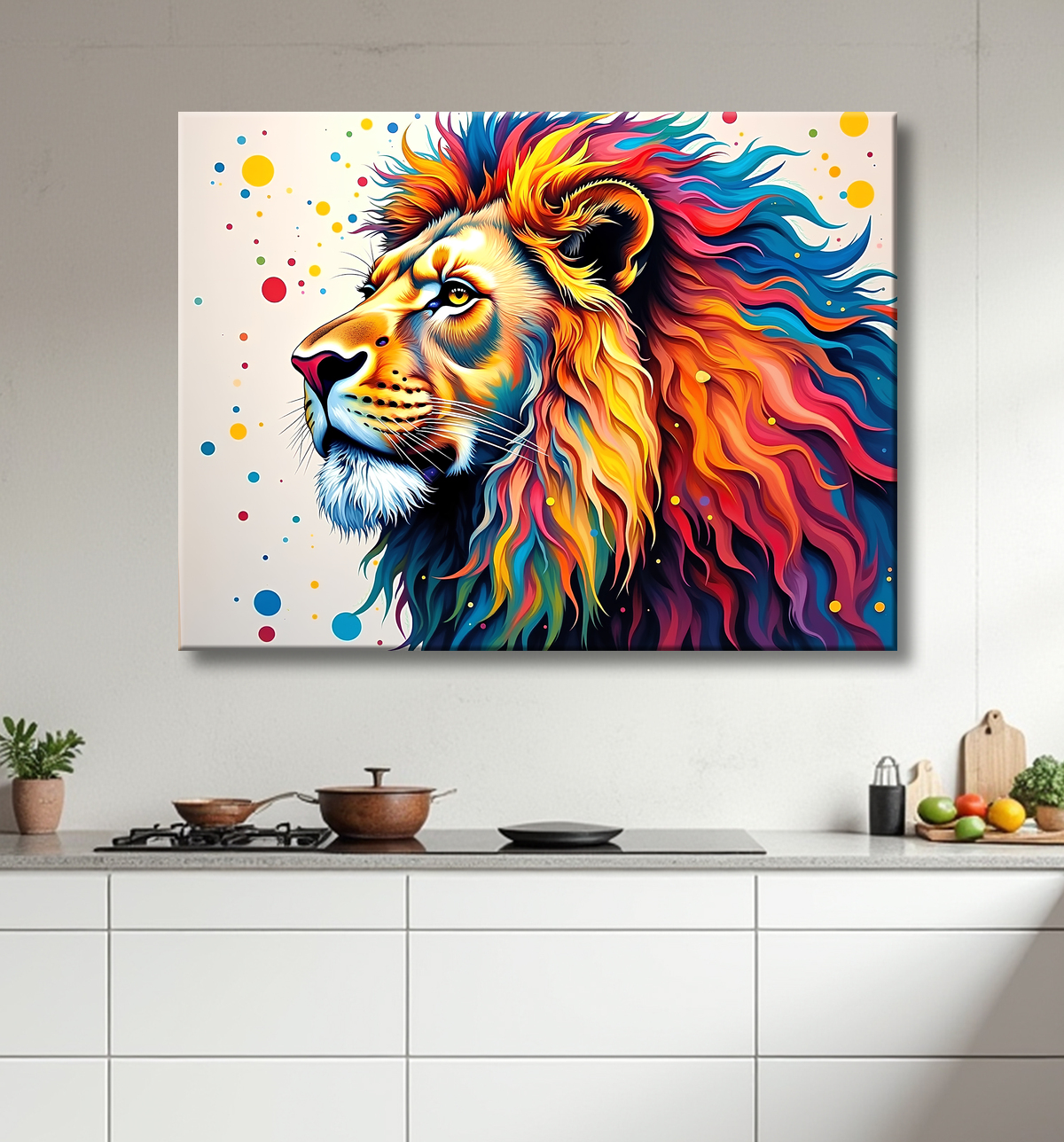 Tableau lion coloré - Portrait pop art graphique avec decor