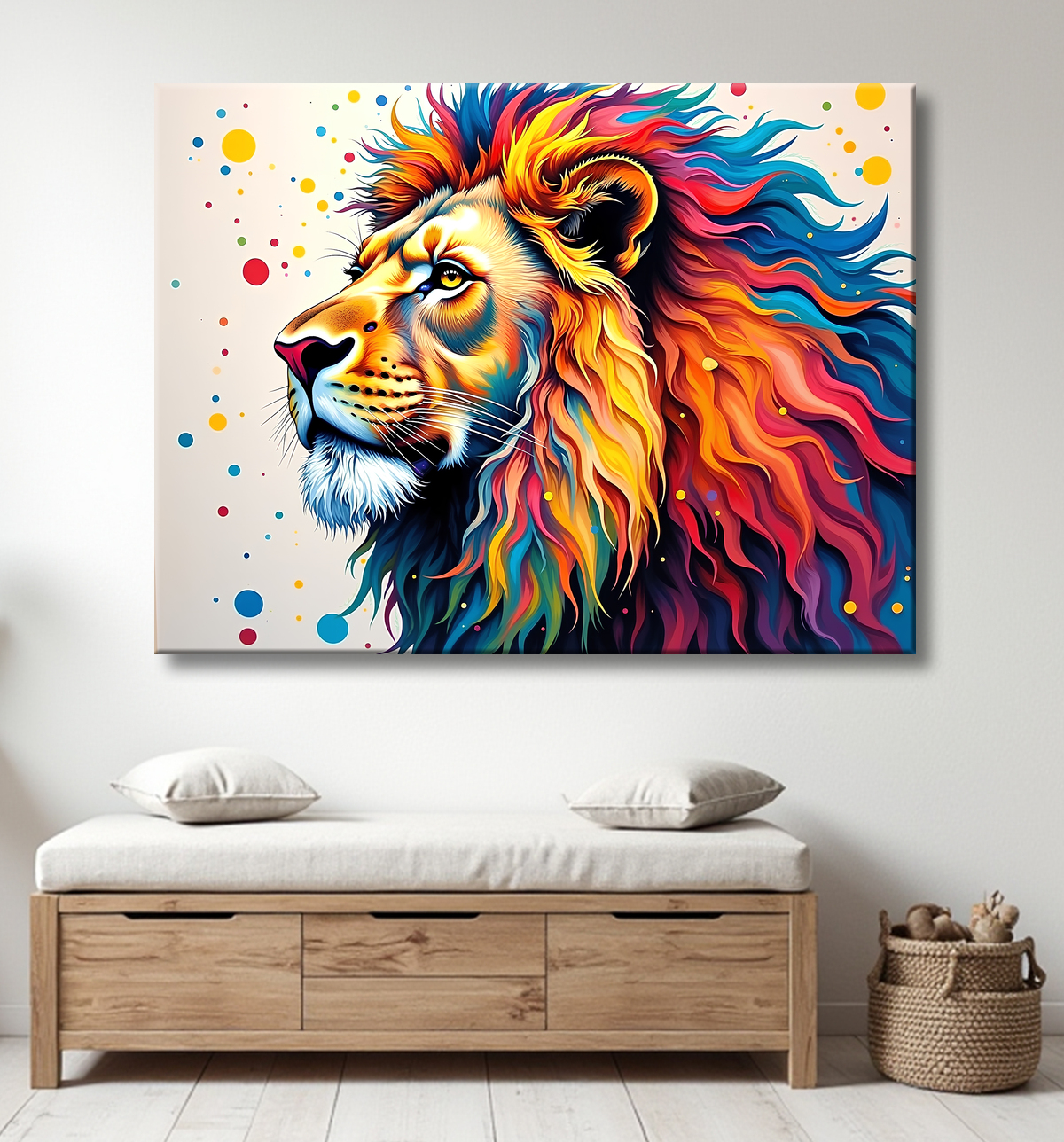 Tableau lion coloré - Portrait pop art graphique avec decor