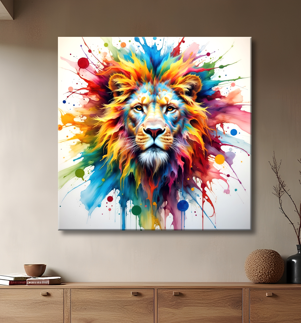 Tableau lion coloré - Portrait pop art graphique avec decor