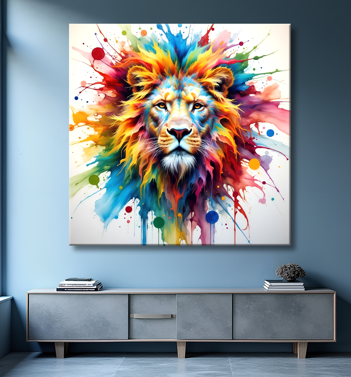 Tableau lion coloré - Portrait pop art graphique avec decor