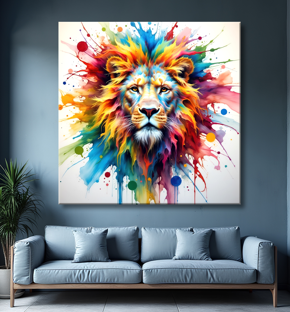 Tableau lion coloré - Portrait pop art graphique avec decor