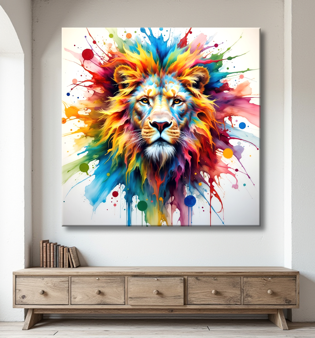 Tableau lion coloré - Portrait pop art graphique avec decor