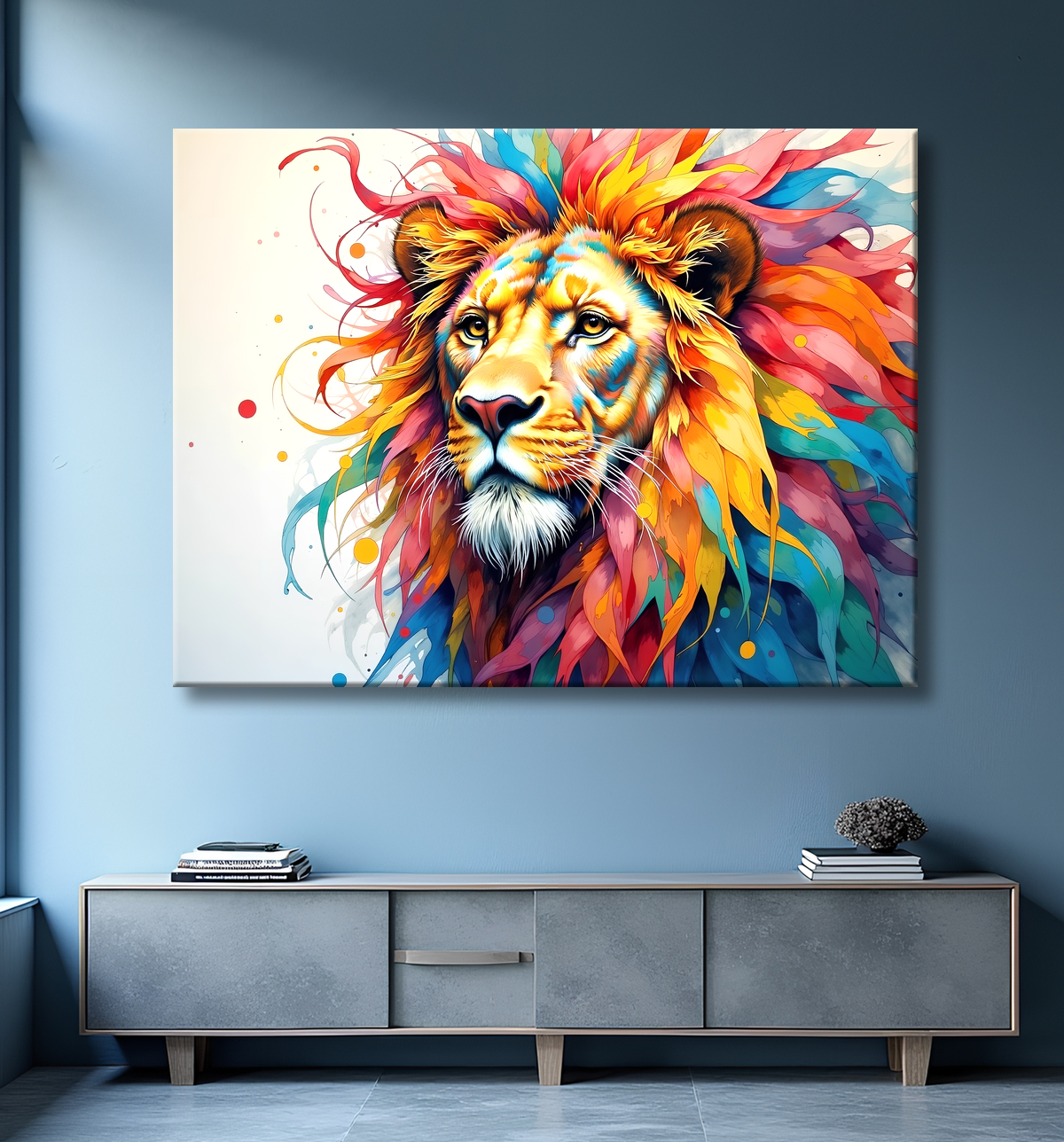 Tableau lion coloré - Portrait pop art graphique avec decor