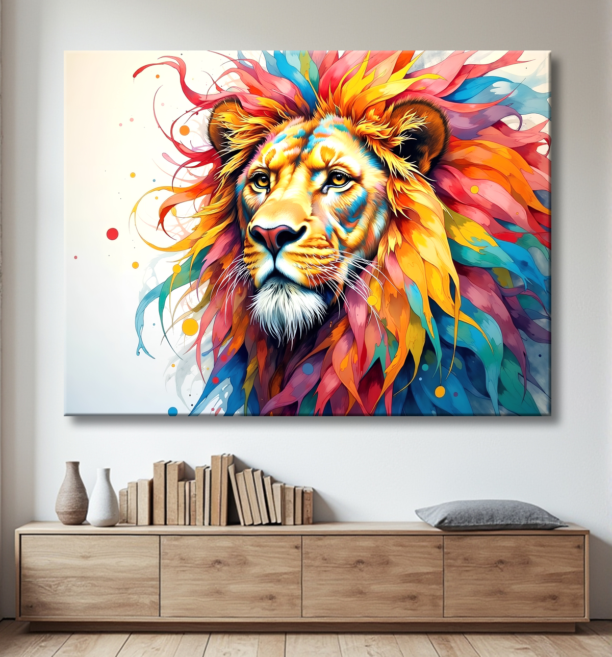 Tableau lion coloré - Portrait pop art graphique avec decor