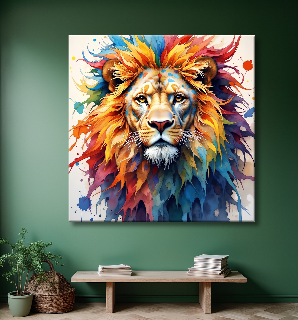 Tableau lion coloré - Portrait pop art graphique avec decor