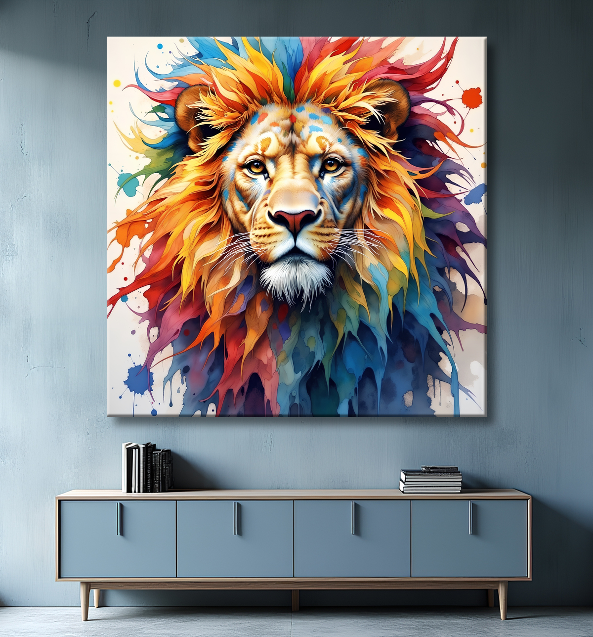 Tableau lion coloré - Portrait pop art graphique avec decor