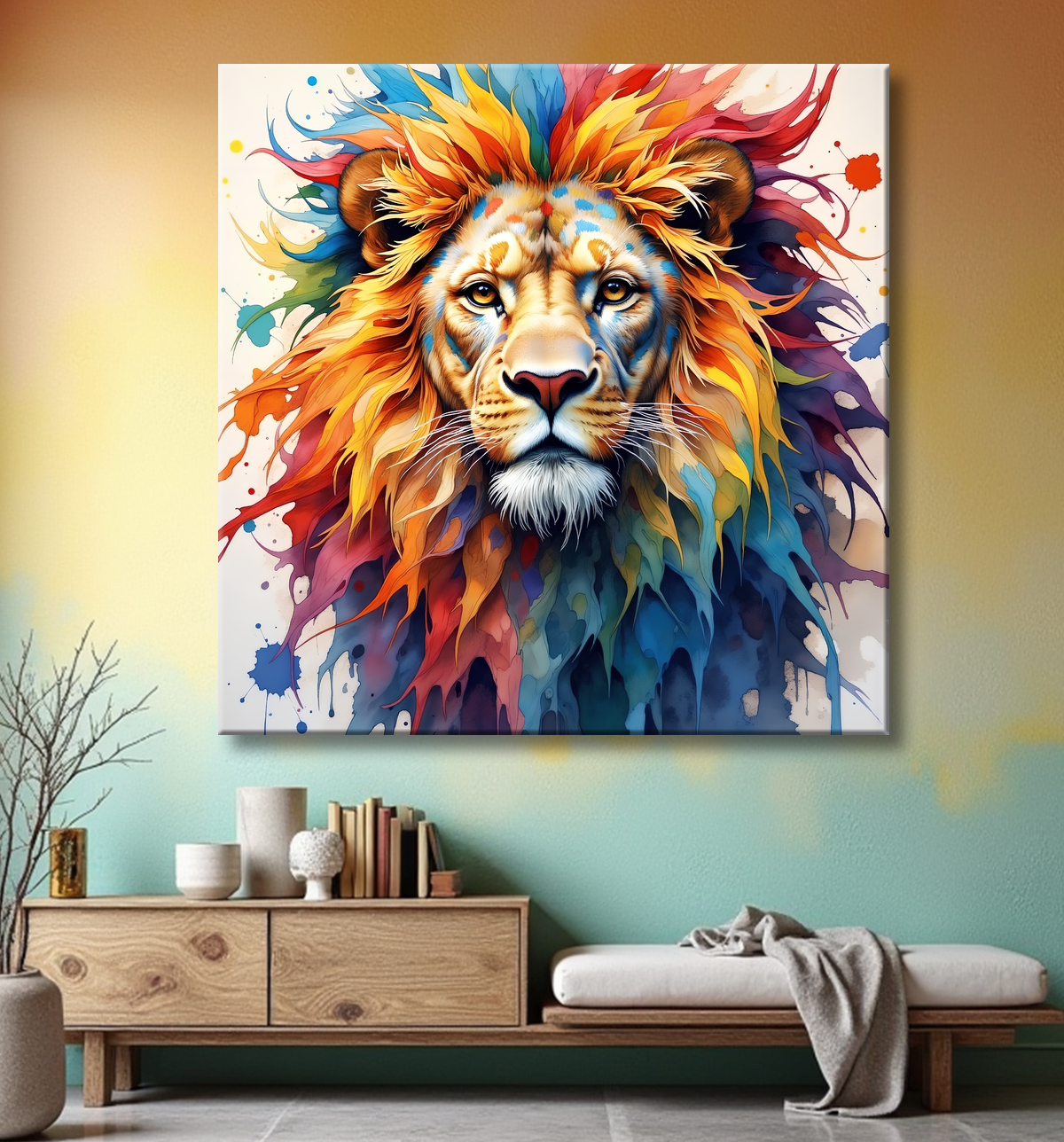 Tableau lion coloré - Portrait pop art graphique avec decor