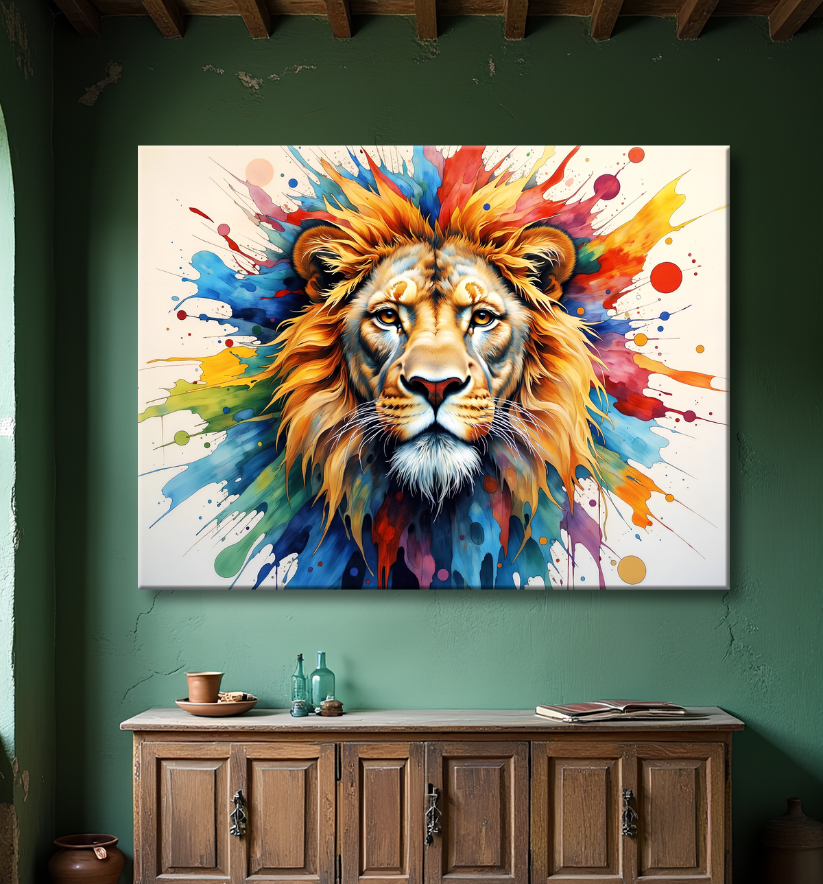 Tableau lion coloré - Portrait pop art graphique avec decor