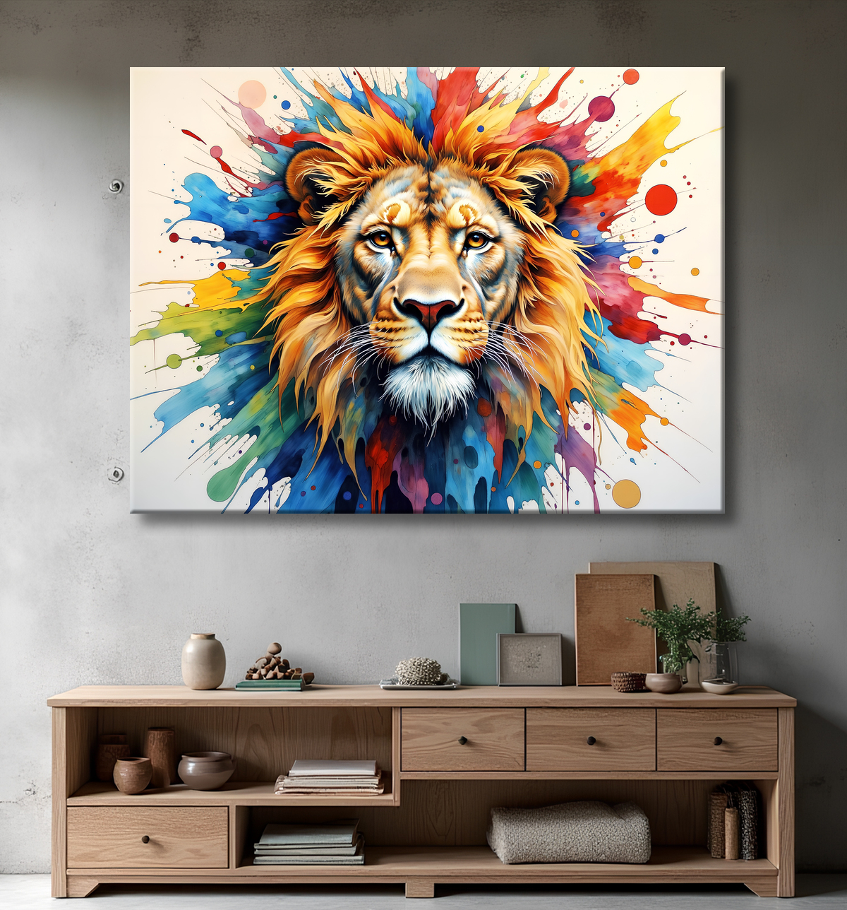 Tableau lion coloré - Portrait pop art graphique avec decor