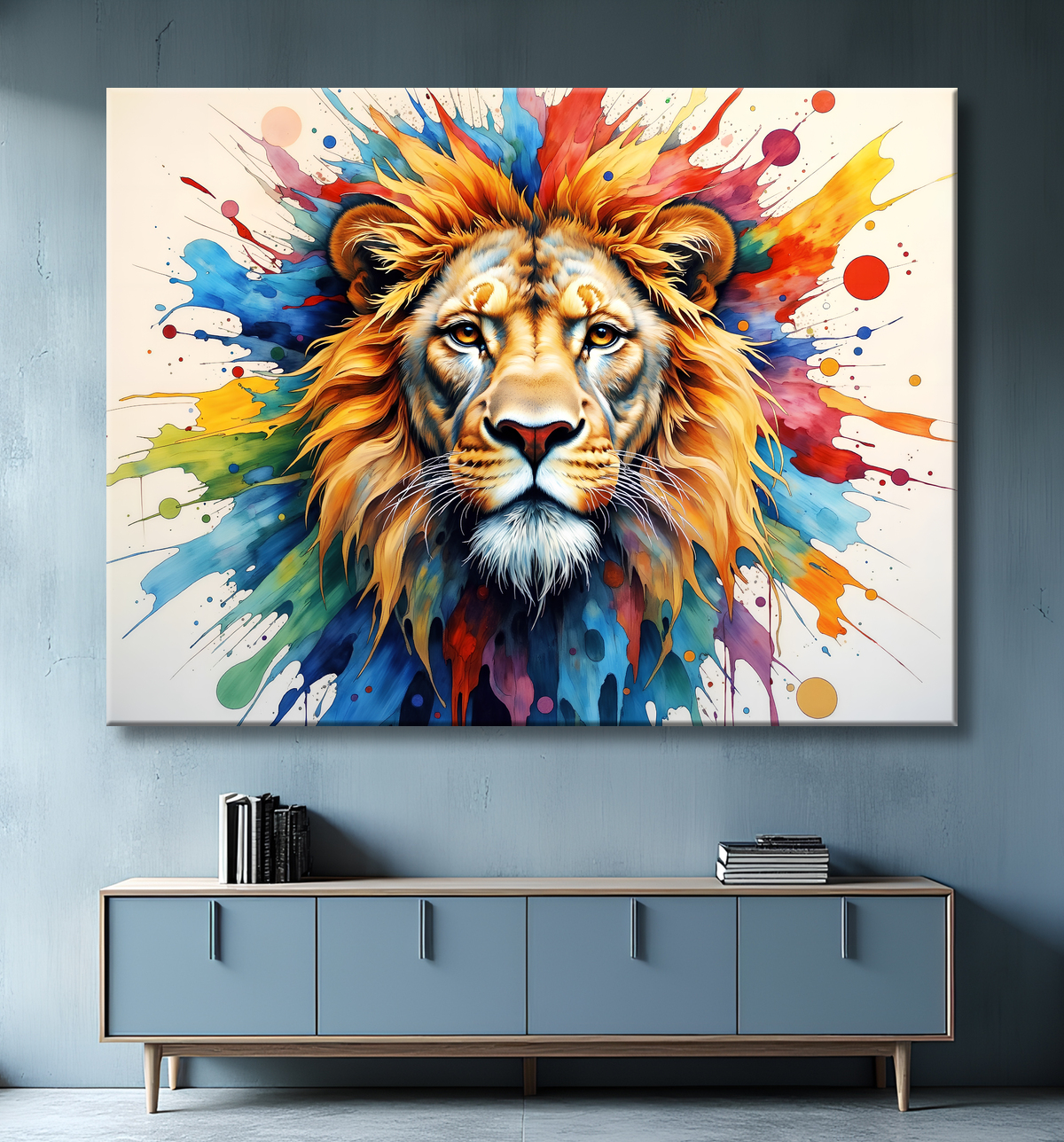 Tableau lion coloré - Portrait pop art graphique avec decor