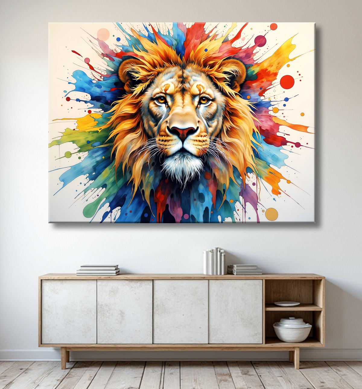 Tableau lion coloré - Portrait pop art graphique avec decor