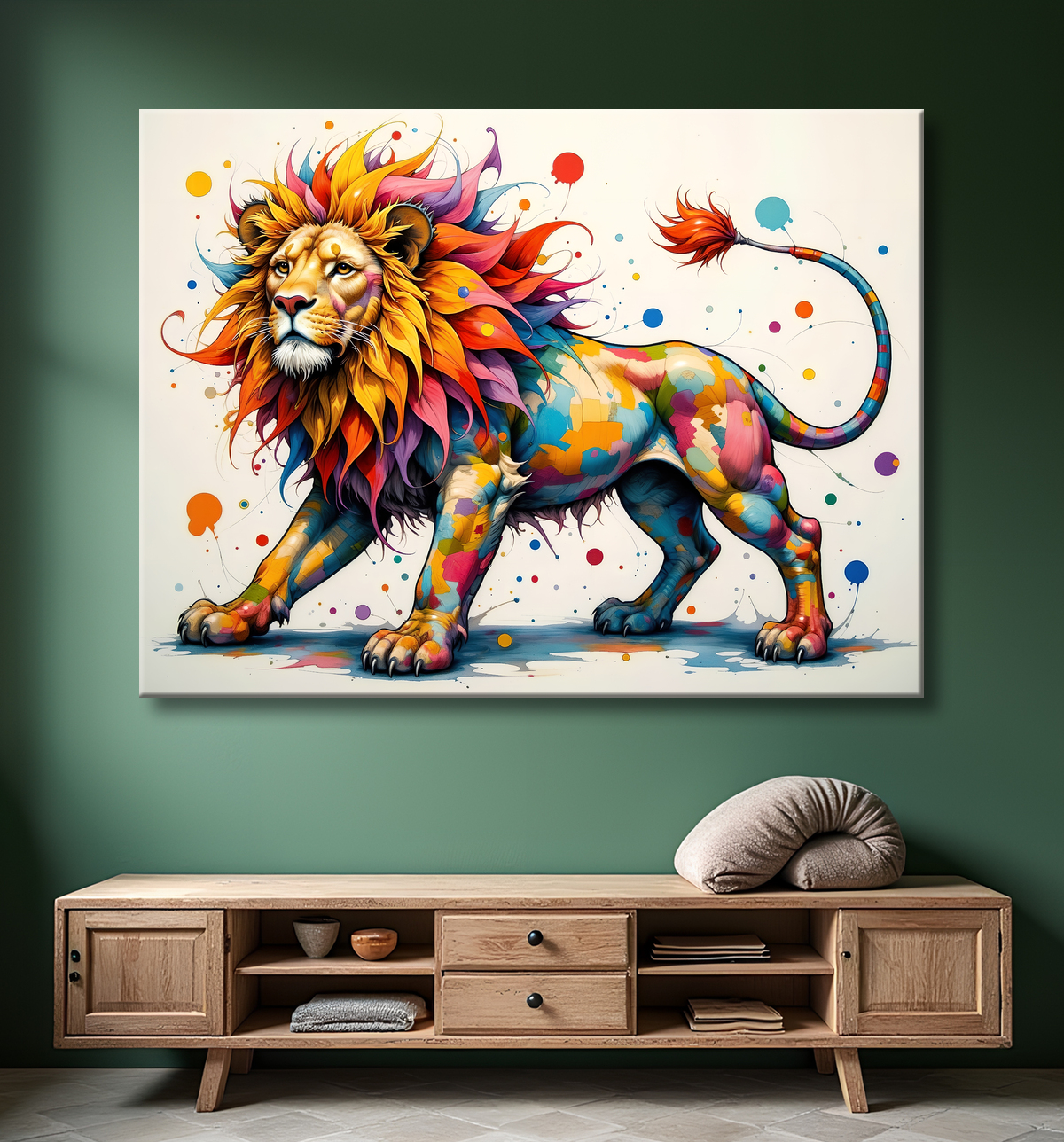 Tableau lion coloré - Portrait pop art graphique avec decor