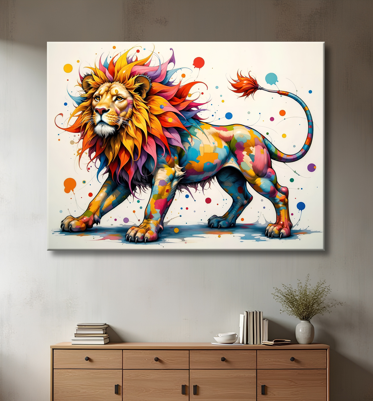 Tableau lion coloré - Portrait pop art graphique avec decor