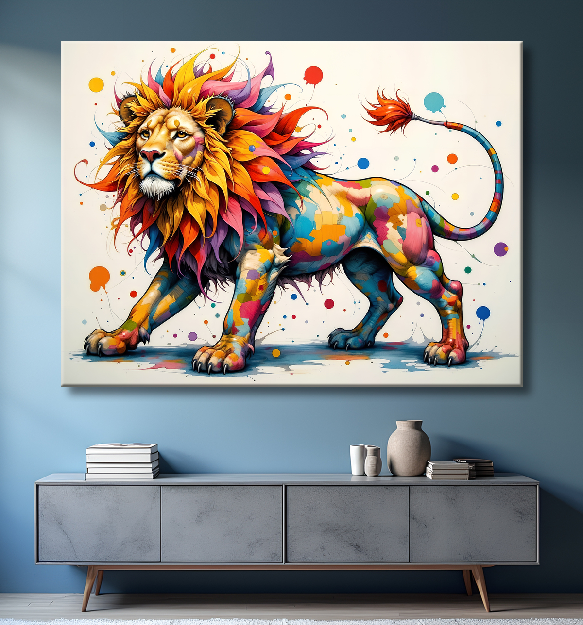 Tableau lion coloré - Portrait pop art graphique avec decor