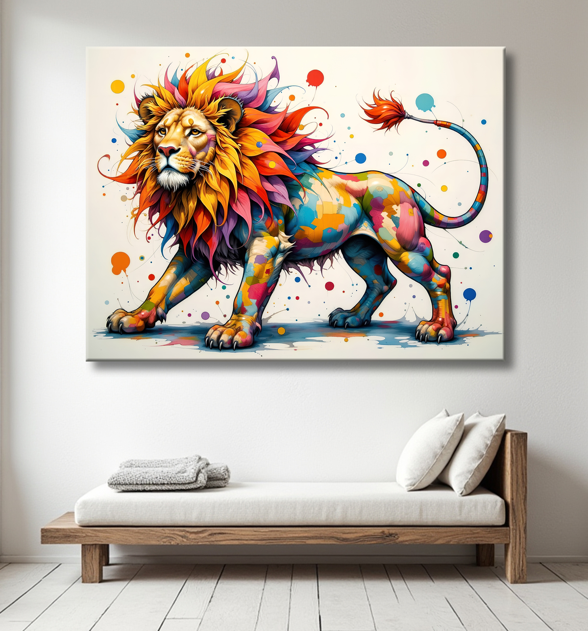 Tableau lion coloré - Portrait pop art graphique avec decor