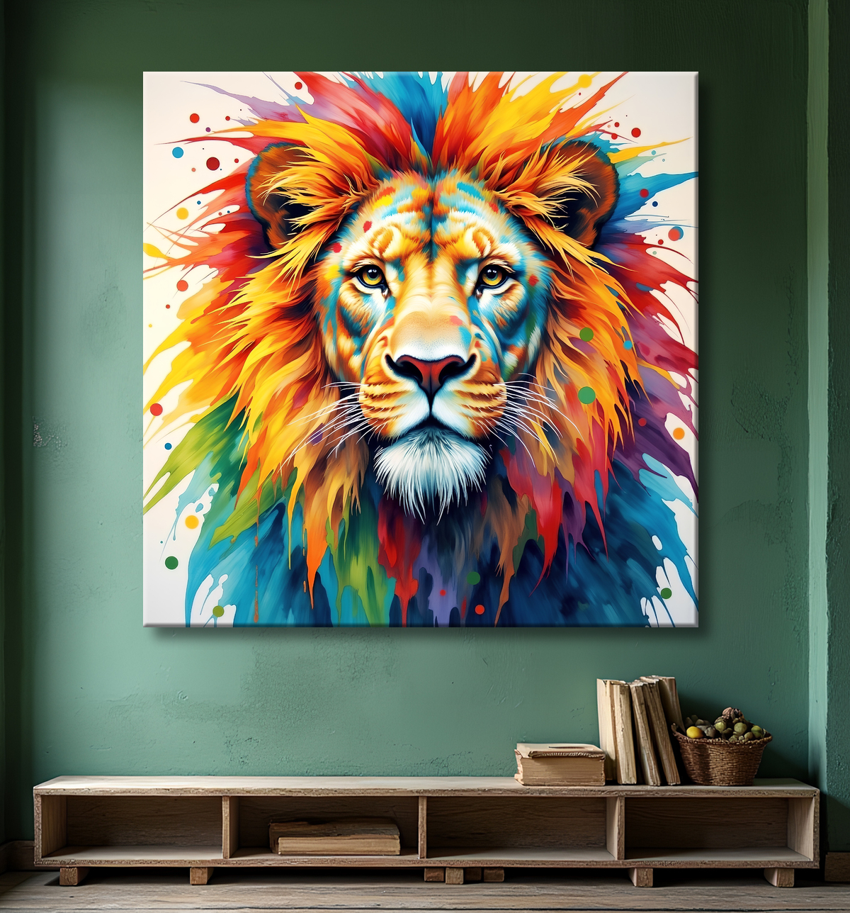 Tableau lion coloré - Portrait pop art graphique avec decor