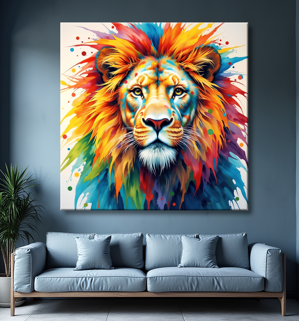 Tableau lion coloré - Portrait pop art graphique avec decor