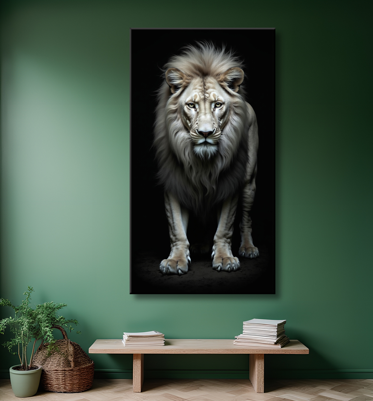 Tableau lion sur fond noir - Portrait studio intense avec decor