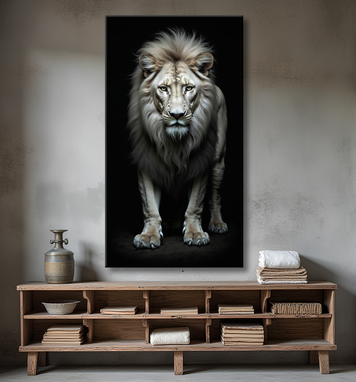 Tableau lion sur fond noir - Portrait studio intense avec decor
