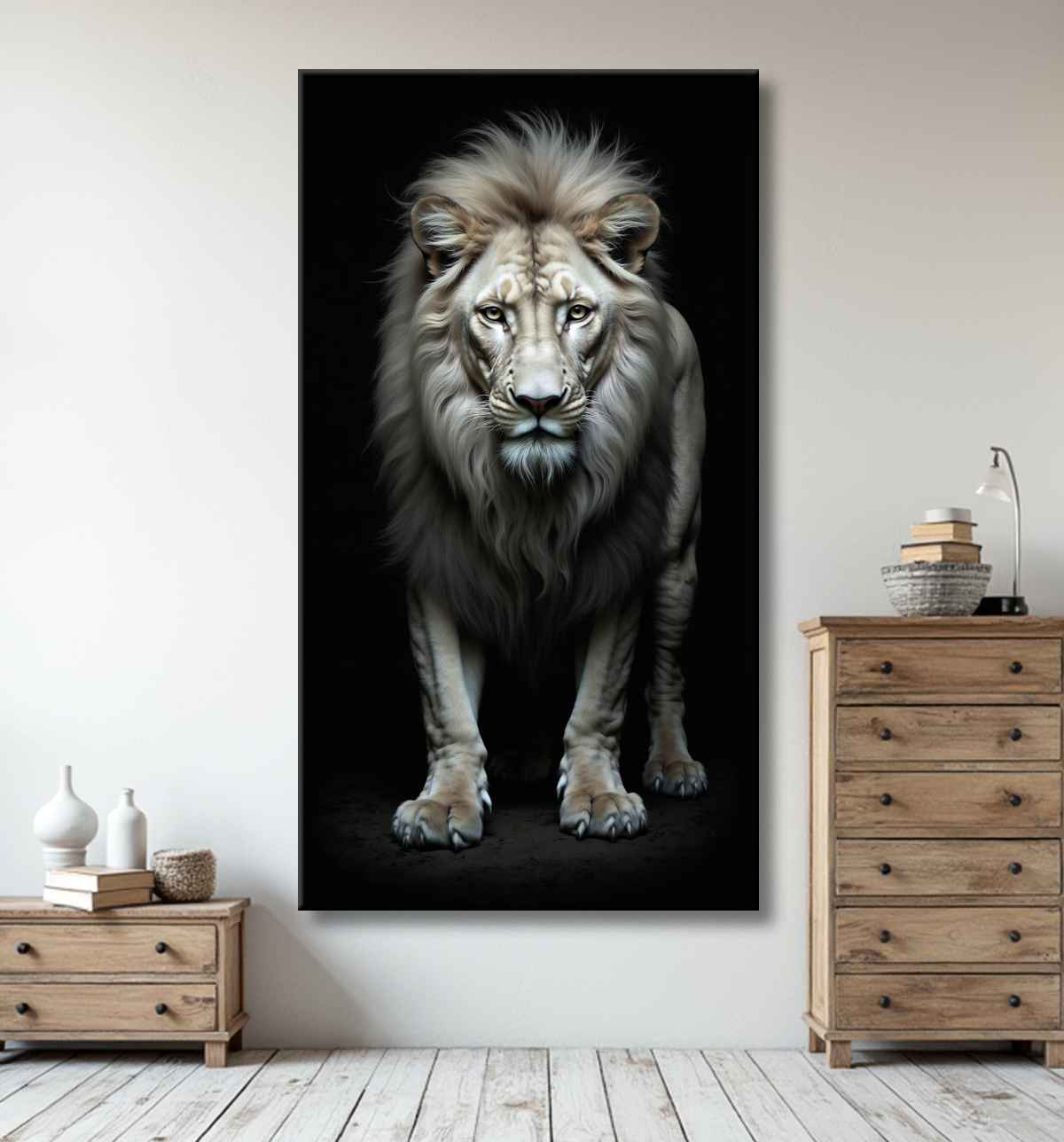 Tableau lion sur fond noir - Portrait studio intense avec decor