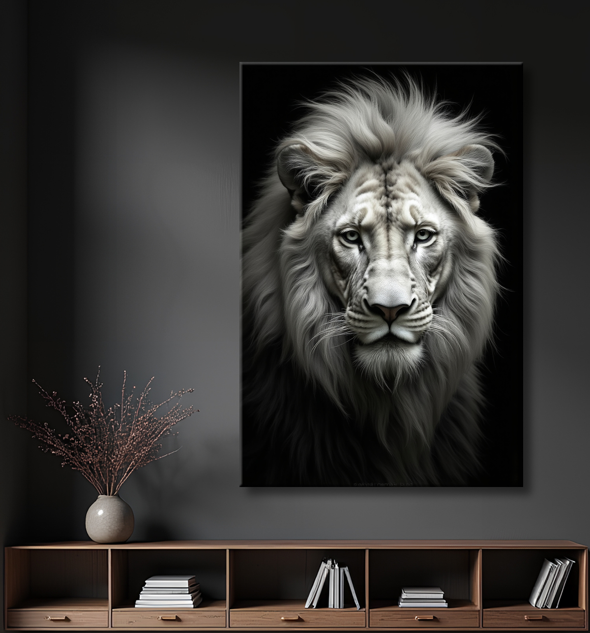 Tableau lion sur fond noir - Portrait studio intense avec decor