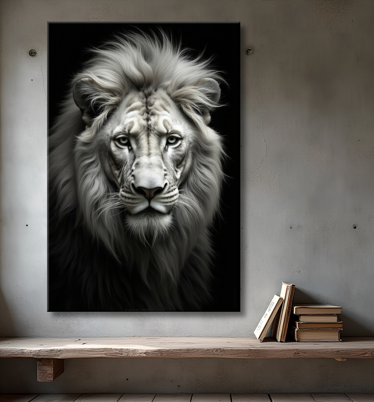Tableau lion sur fond noir - Portrait studio intense avec decor