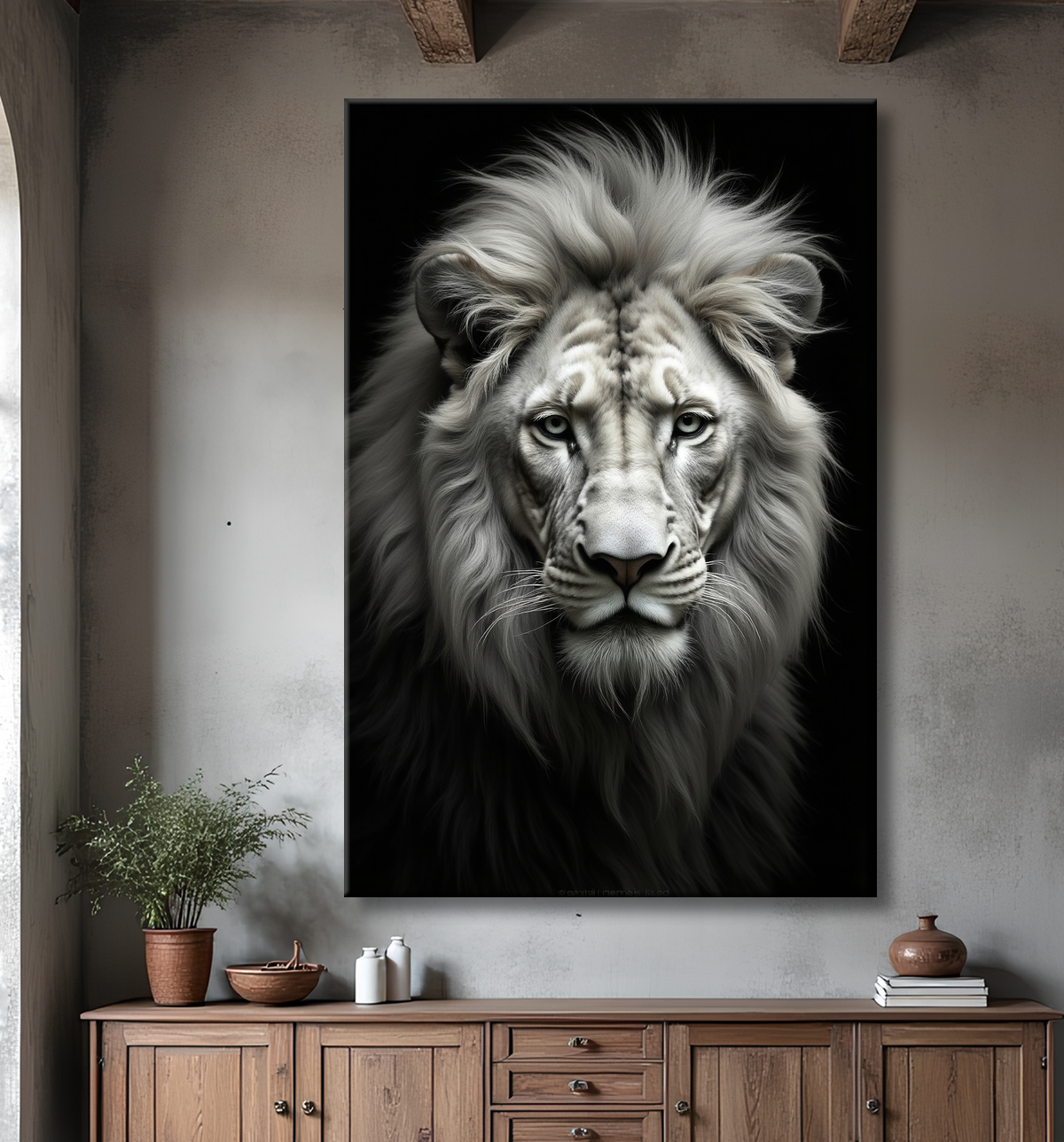 Tableau lion sur fond noir - Portrait studio intense avec decor