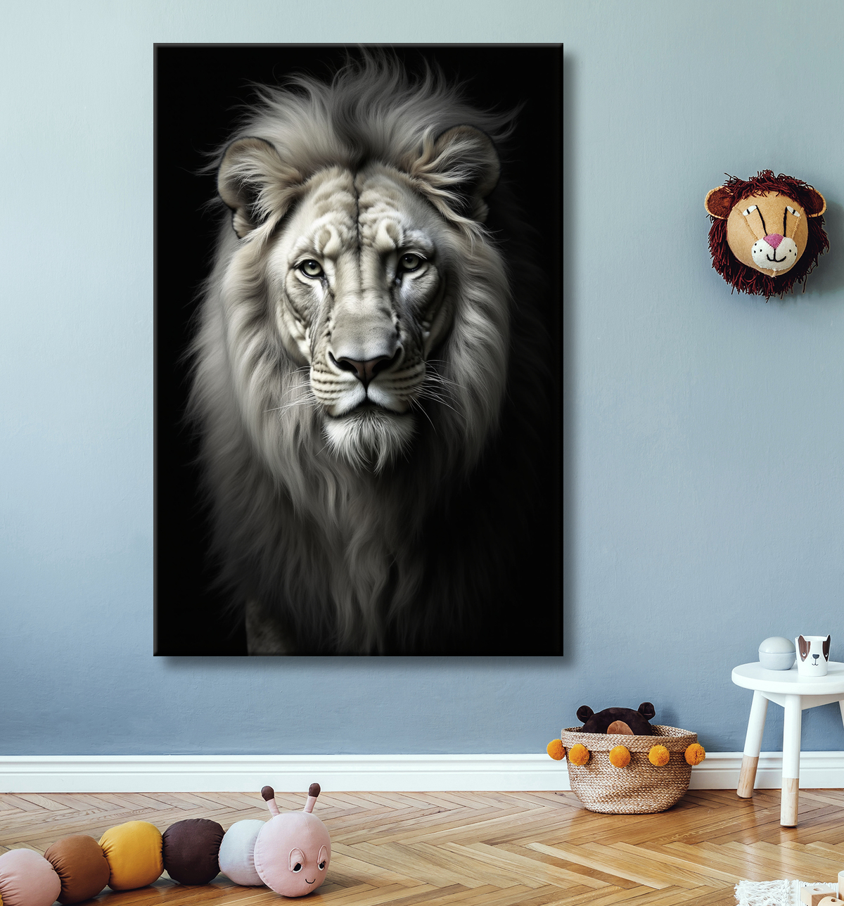 Tableau lion sur fond noir - Portrait studio intense avec decor