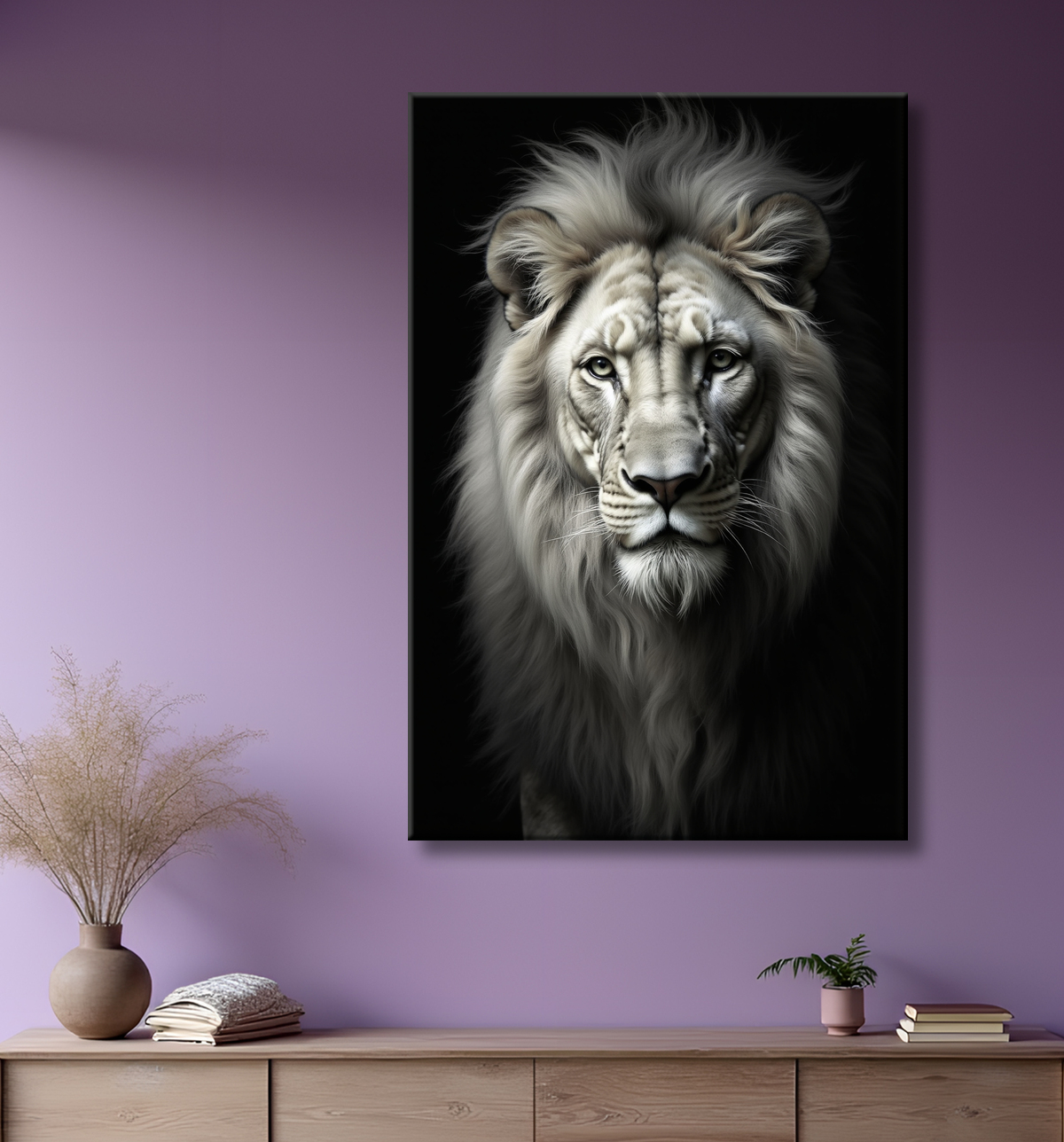 Tableau lion sur fond noir - Portrait studio intense avec decor