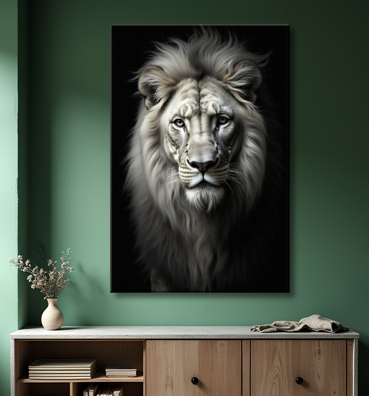 Tableau lion sur fond noir - Portrait studio intense avec decor