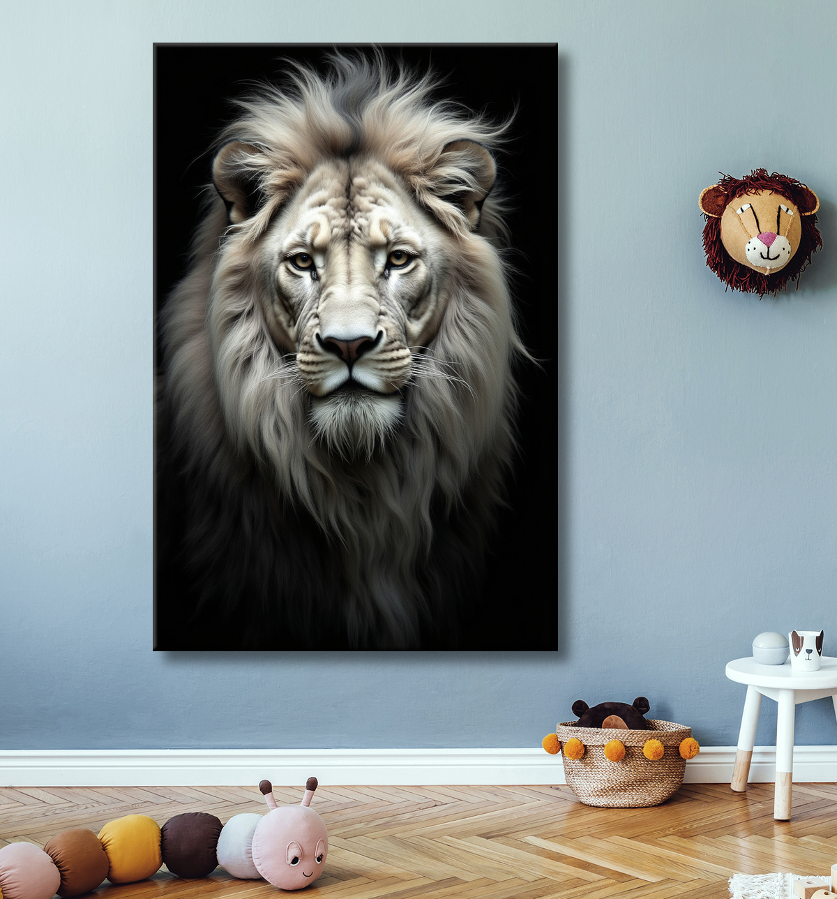 Tableau lion sur fond noir - Portrait studio intense avec decor