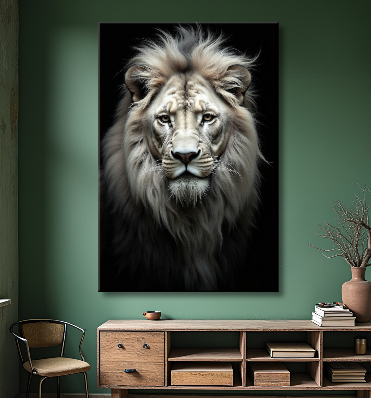 Tableau lion sur fond noir - Portrait studio intense avec decor