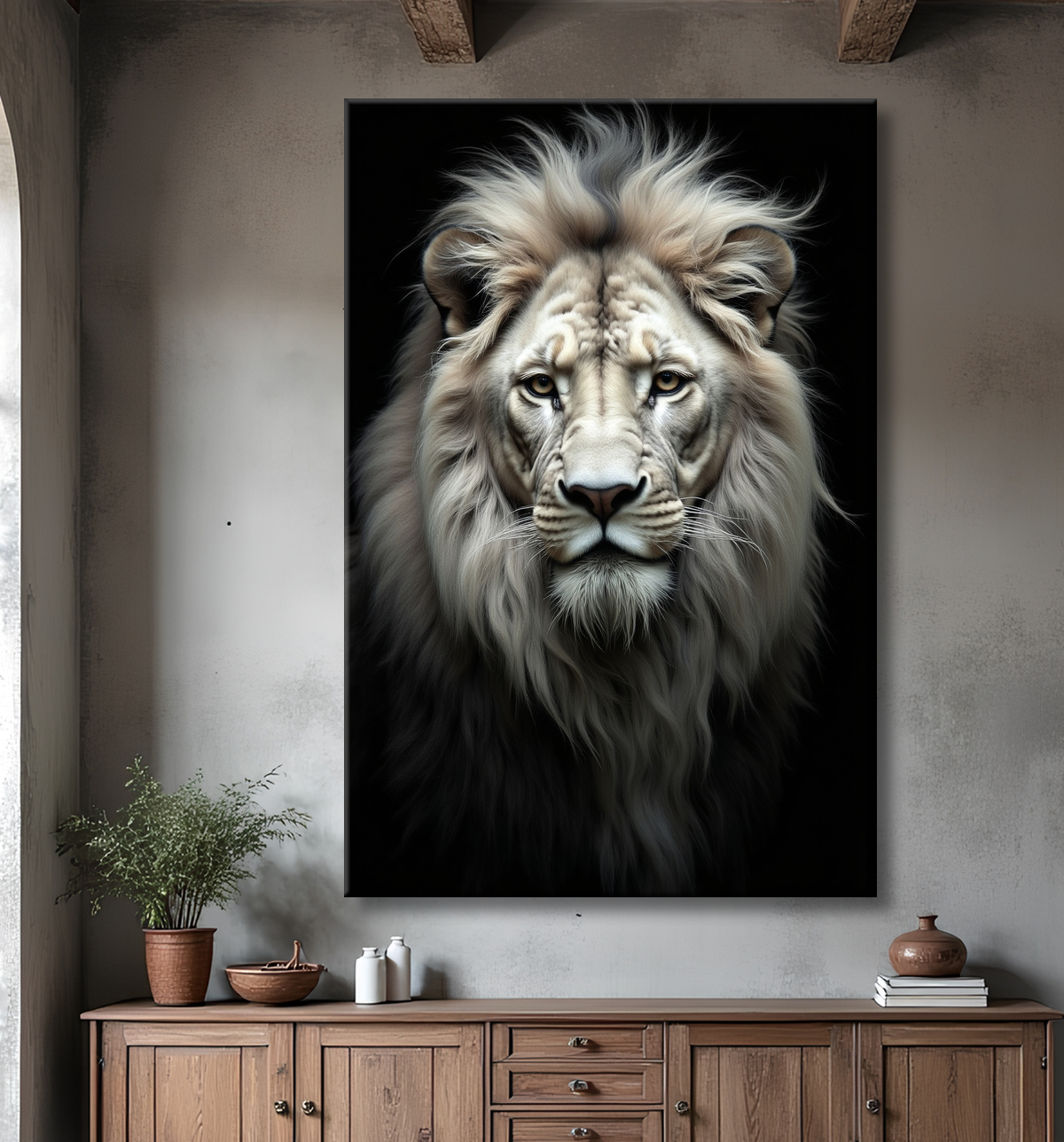 Tableau lion sur fond noir - Portrait studio intense avec decor
