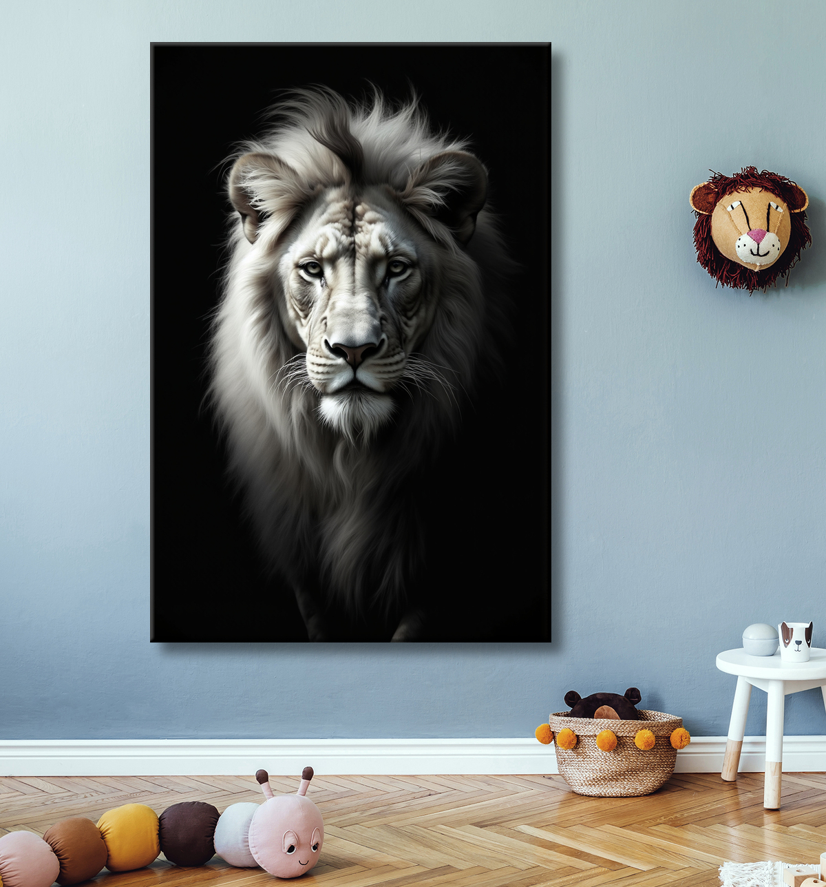 Tableau lion sur fond noir - Portrait studio intense avec decor