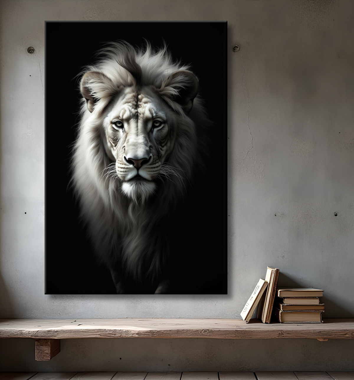 Tableau lion sur fond noir - Portrait studio intense avec decor