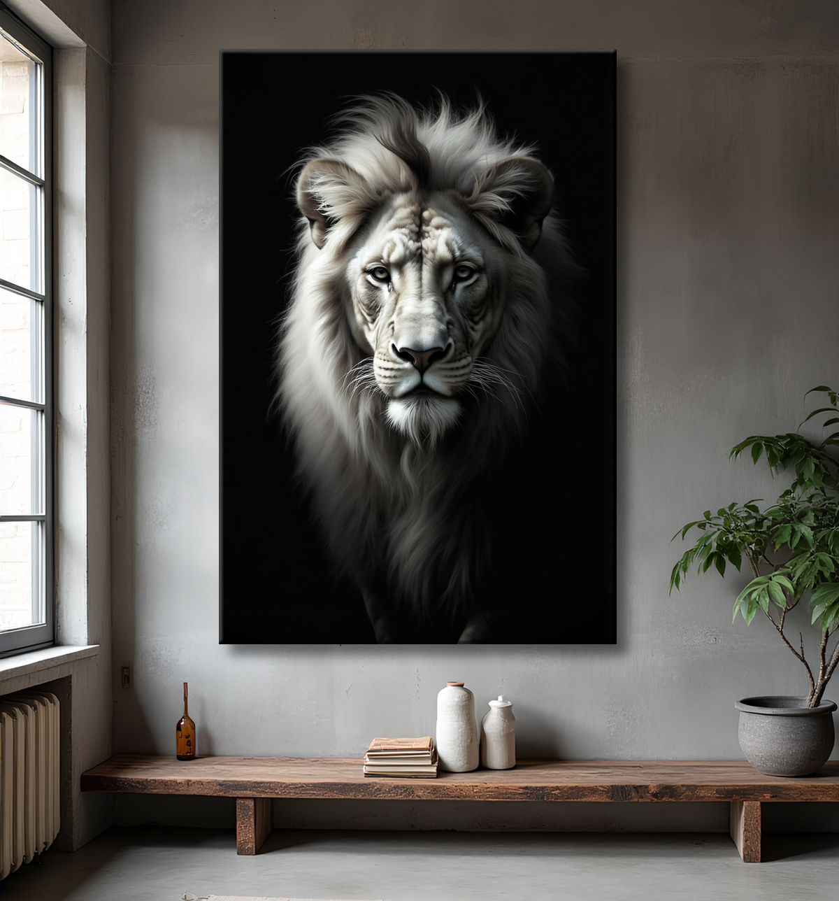 Tableau lion sur fond noir - Portrait studio intense avec decor
