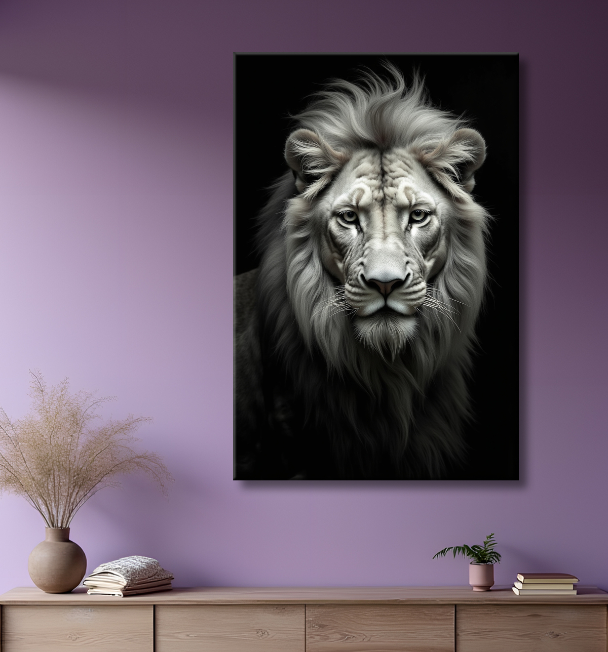 Tableau lion sur fond noir - Portrait studio intense avec decor