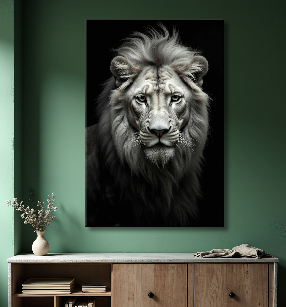 Tableau lion sur fond noir - Portrait studio intense avec decor