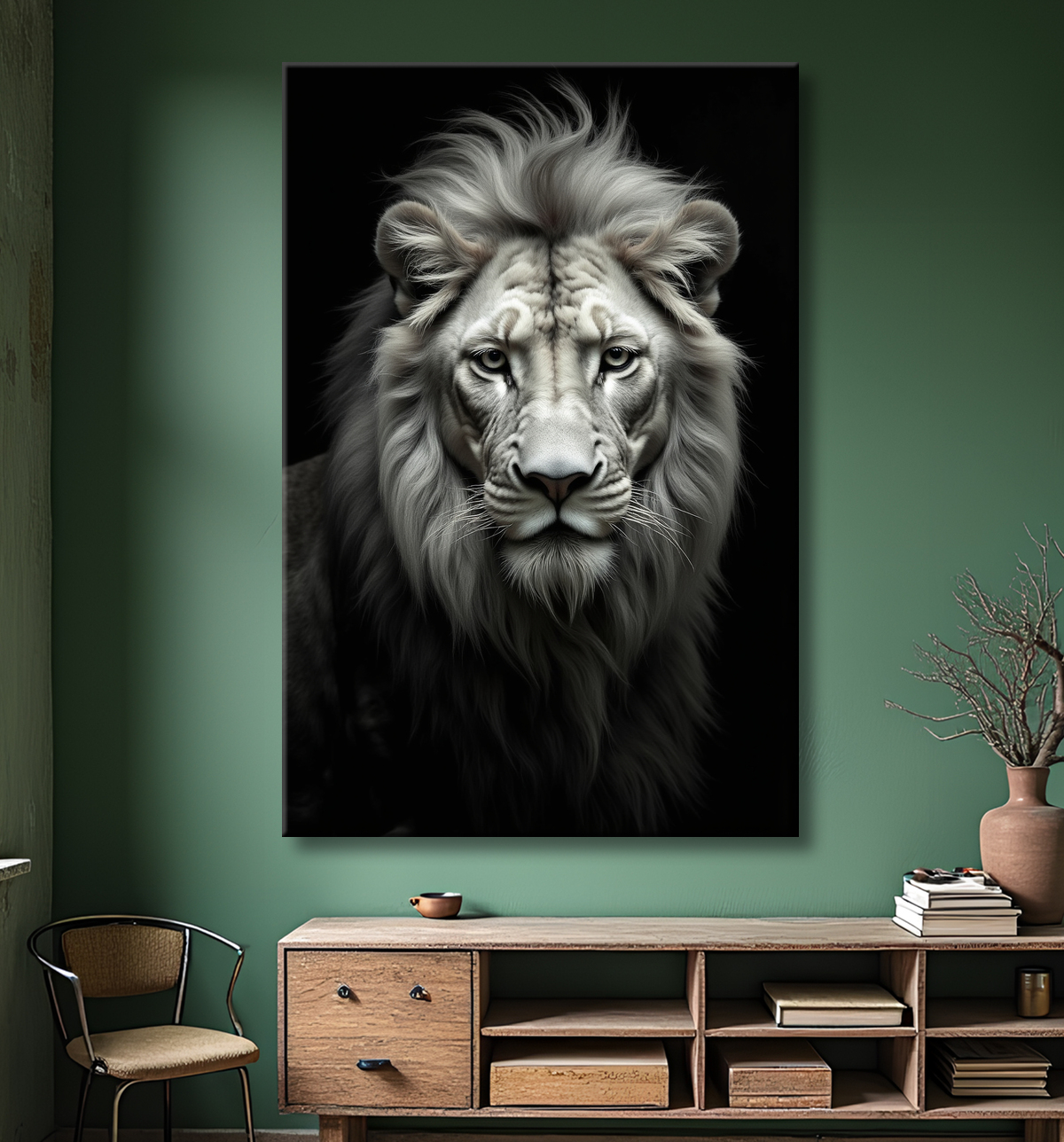 Tableau lion sur fond noir - Portrait studio intense avec decor