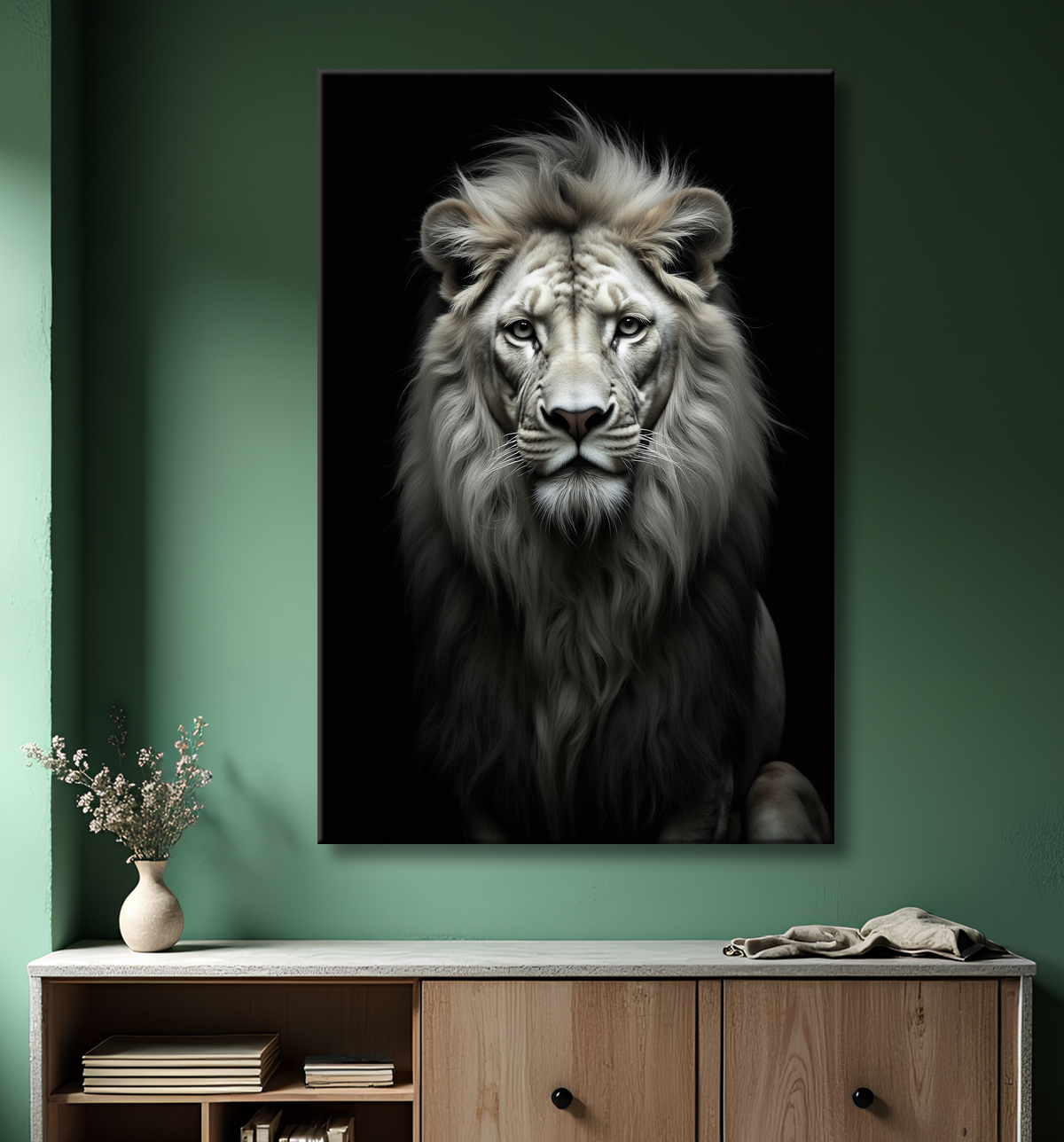 Tableau lion sur fond noir - Portrait studio intense avec decor
