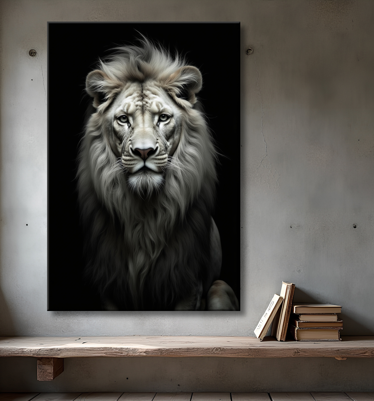 Tableau lion sur fond noir - Portrait studio intense avec decor