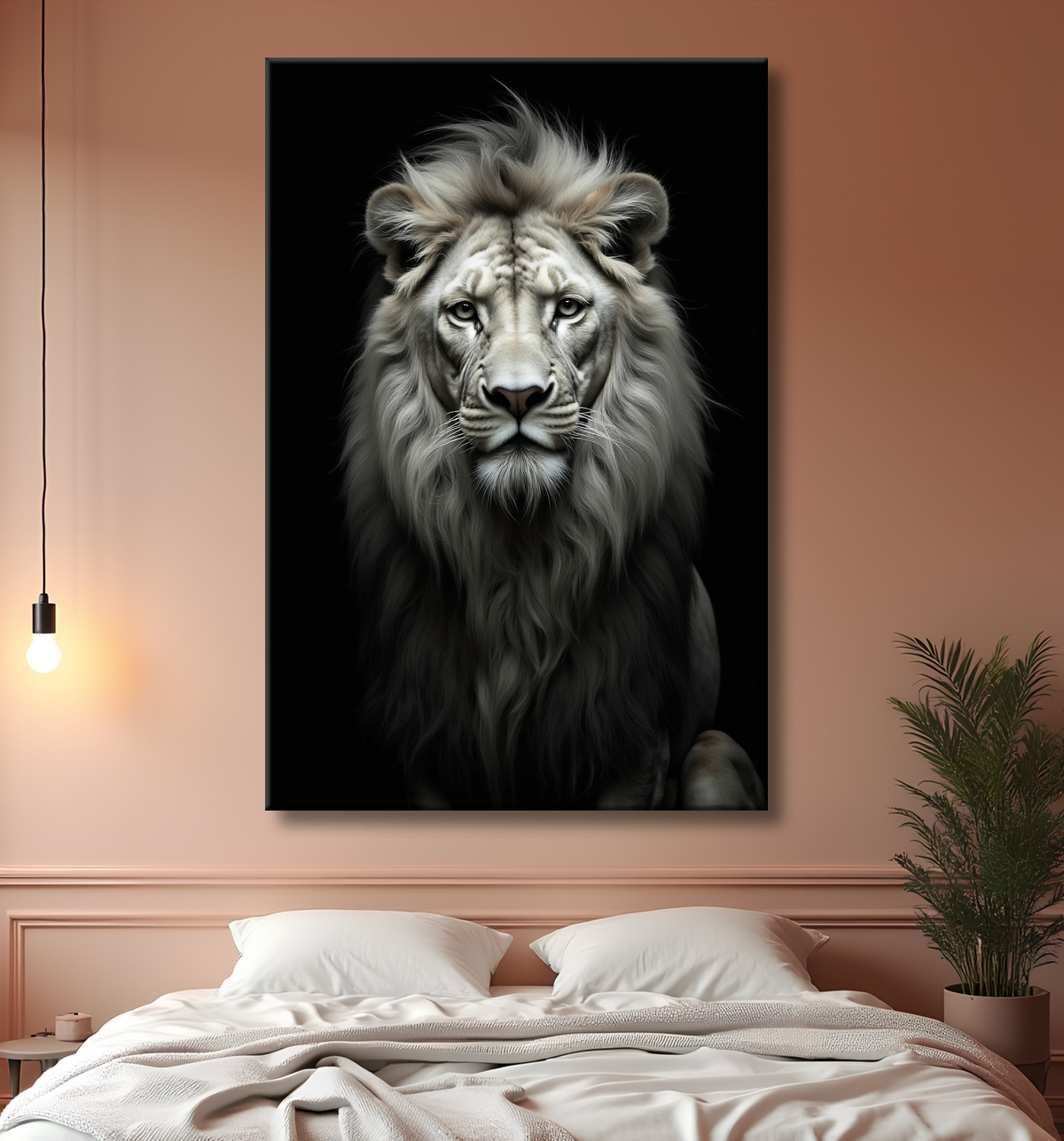 Tableau lion sur fond noir - Portrait studio intense avec decor