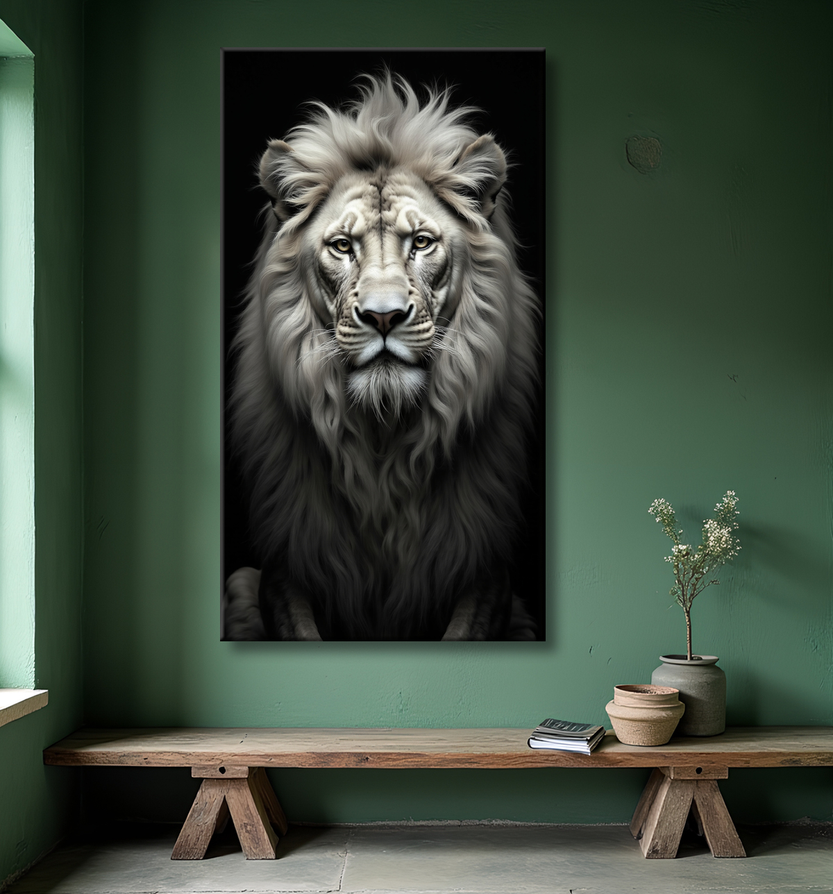 Tableau lion sur fond noir - Portrait studio intense avec decor