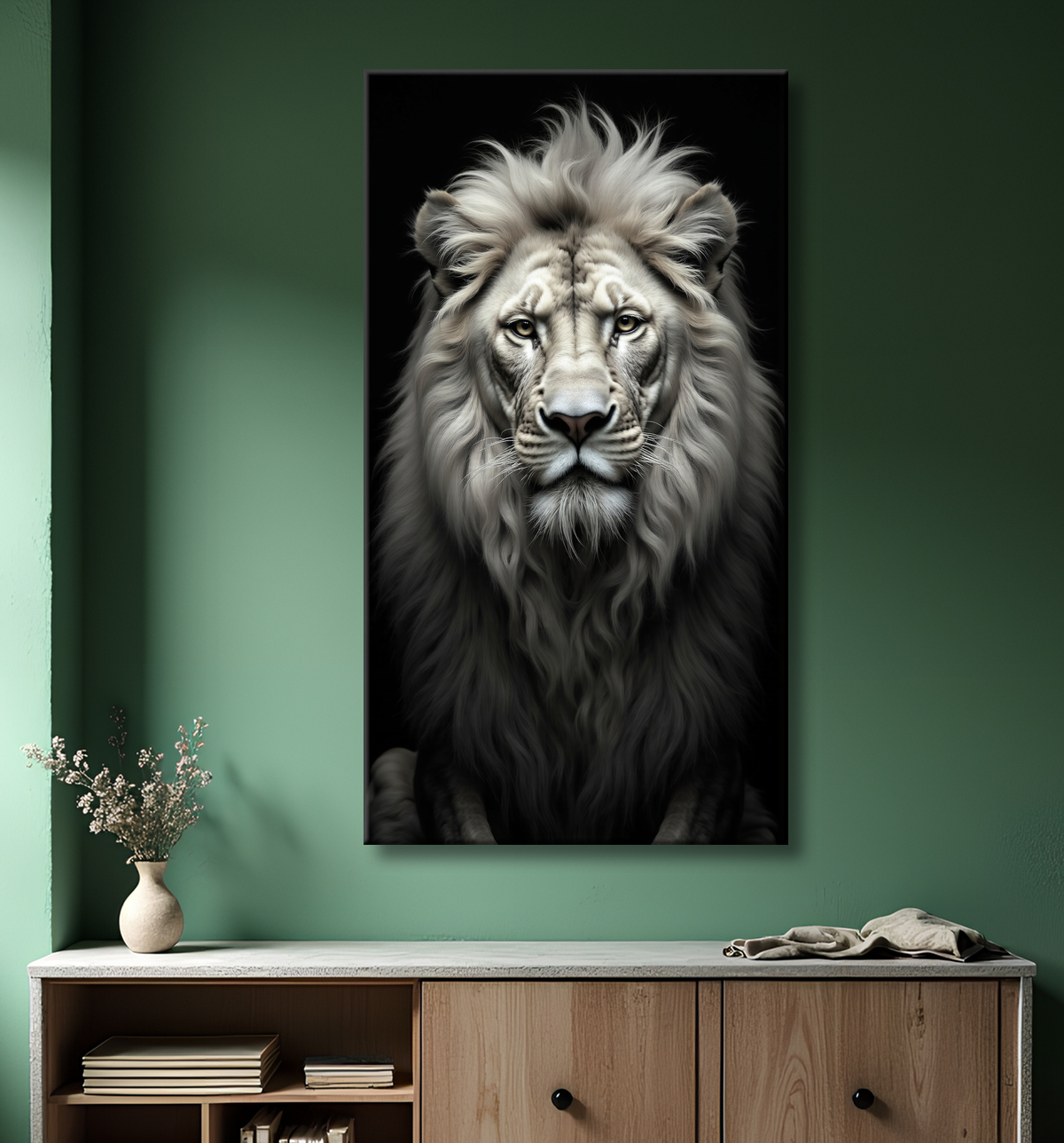 Tableau lion sur fond noir - Portrait studio intense avec decor