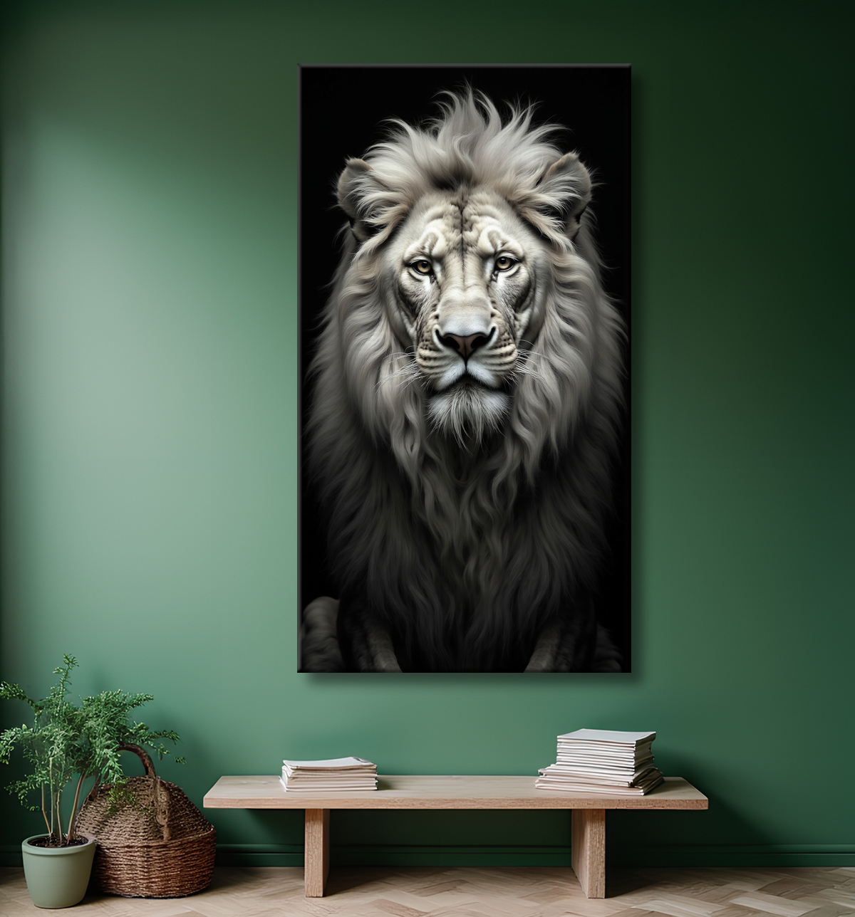 Tableau lion sur fond noir - Portrait studio intense avec decor