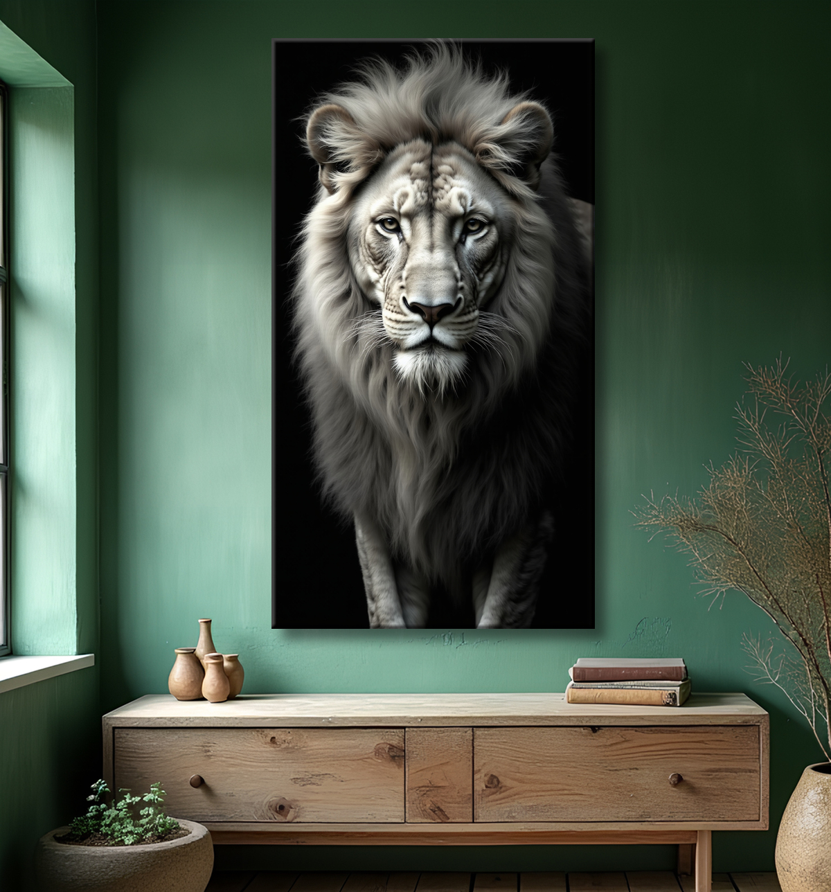Tableau lion sur fond noir - Portrait studio intense avec decor