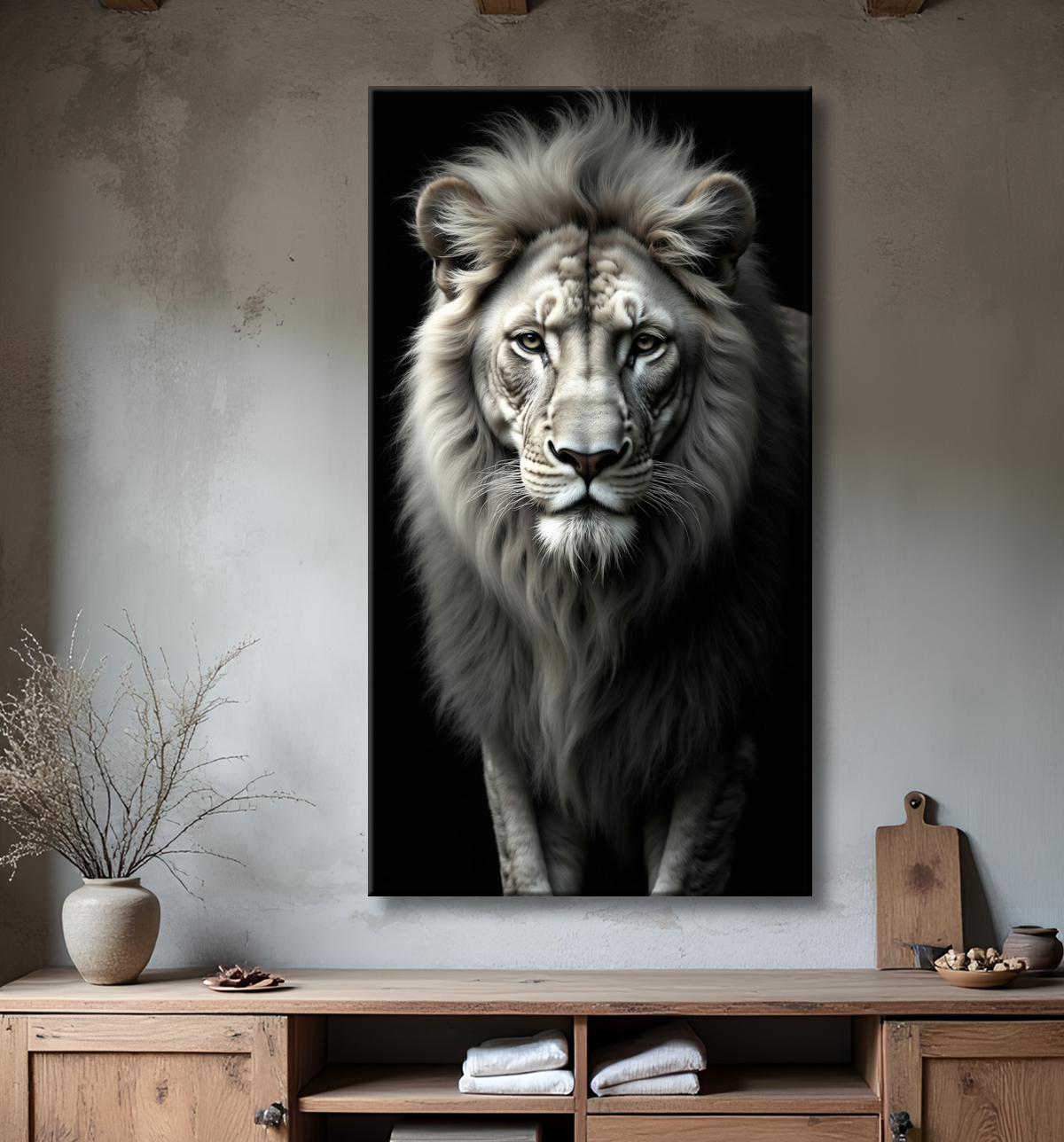 Tableau lion sur fond noir - Portrait studio intense avec decor