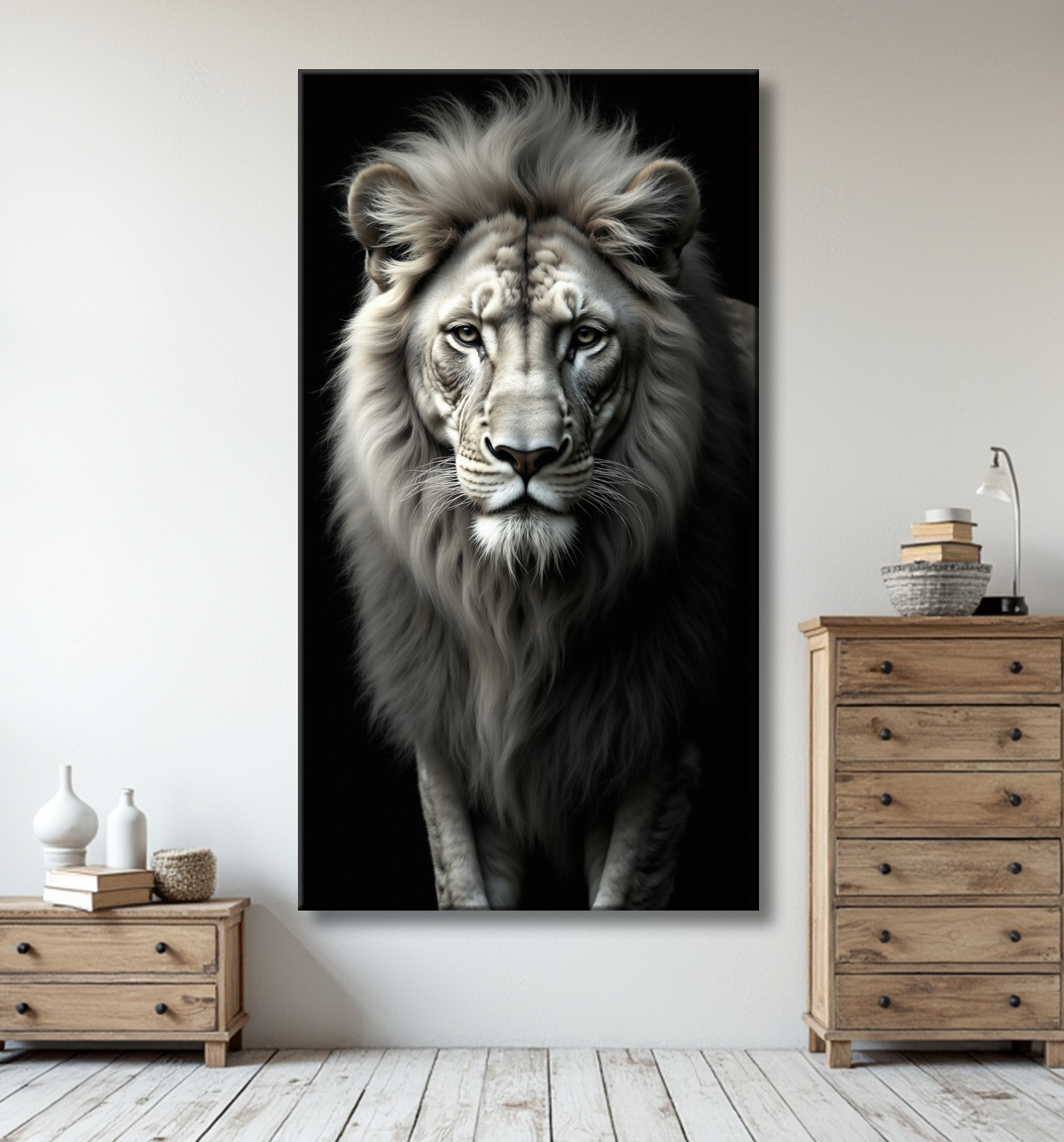 Tableau lion sur fond noir - Portrait studio intense avec decor
