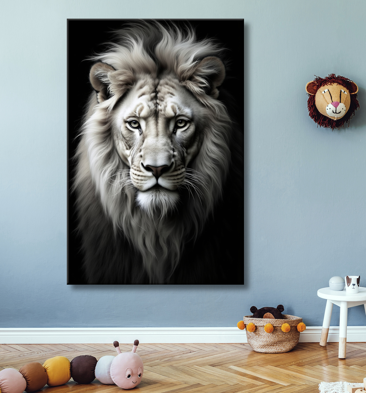 Tableau lion sur fond noir - Portrait studio intense avec decor